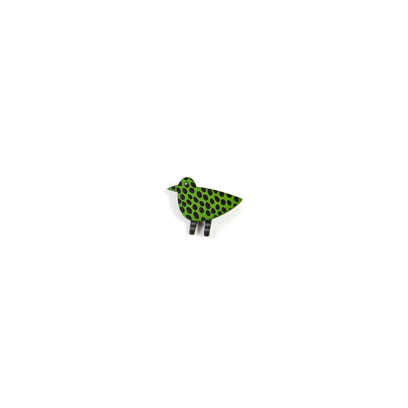 Bird, green w black large dots, black legs w grey stripes