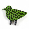 Bird, green w black large dots, black legs w grey stripes