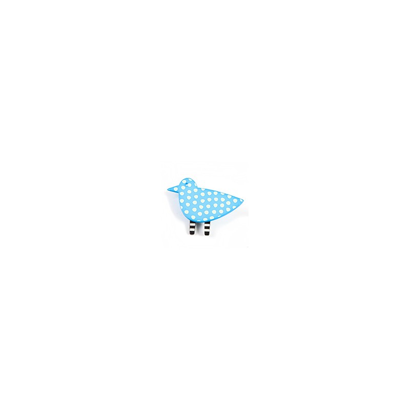Bird, turquoise blue w white spots, black legs w white stripes