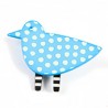 Bird, turquoise blue w white spots, black legs w white stripes