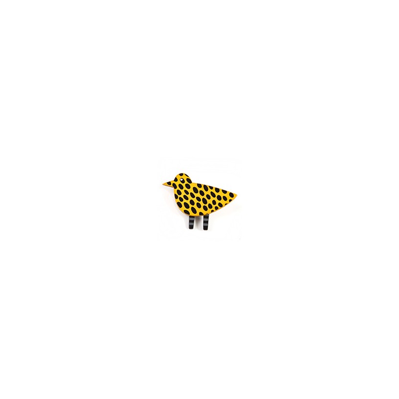 Bird, yellow w black dots, black legs w white stripes