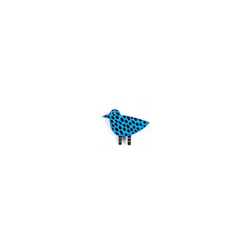 Bird, blue with black spots, black/ white legs