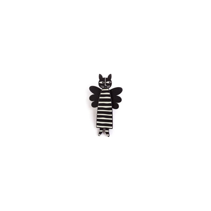 Cat, angel, black w white stripes, black wings, black head