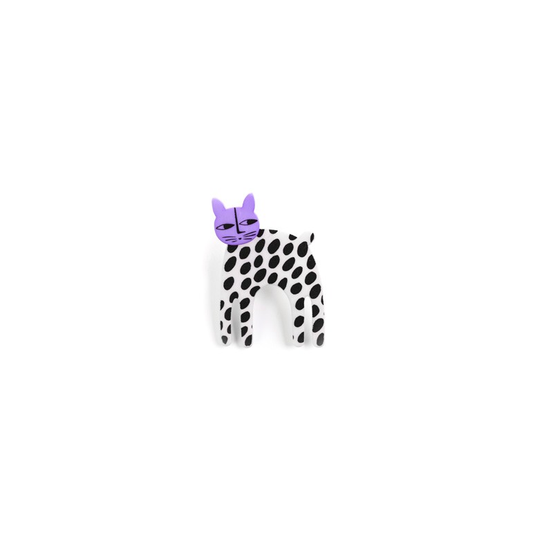 Cat, long, white w black dots, light purple head