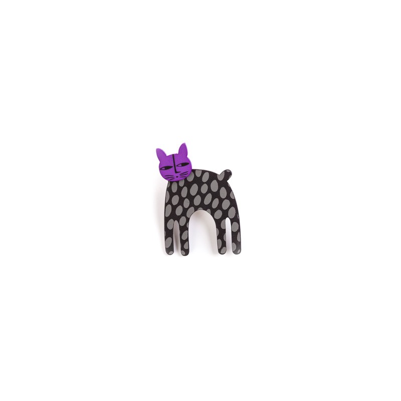 Cat, long, black w grey dots, purple head