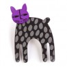 Cat, long, black w grey dots, purple head