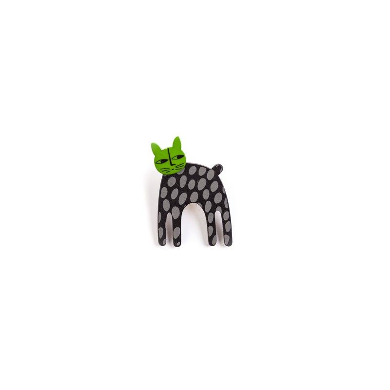Cat, long, black w grey dots, green head