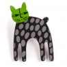 Cat, long, black w grey dots, green head