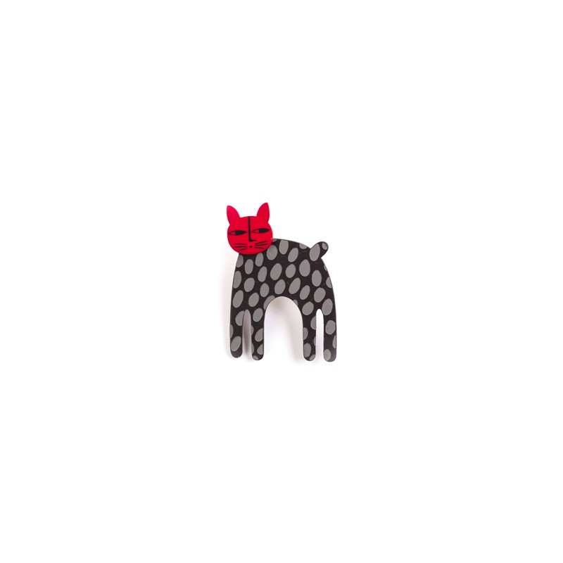Cat, long, black w grey dots, red head