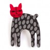 Cat, long, black w grey dots, red head