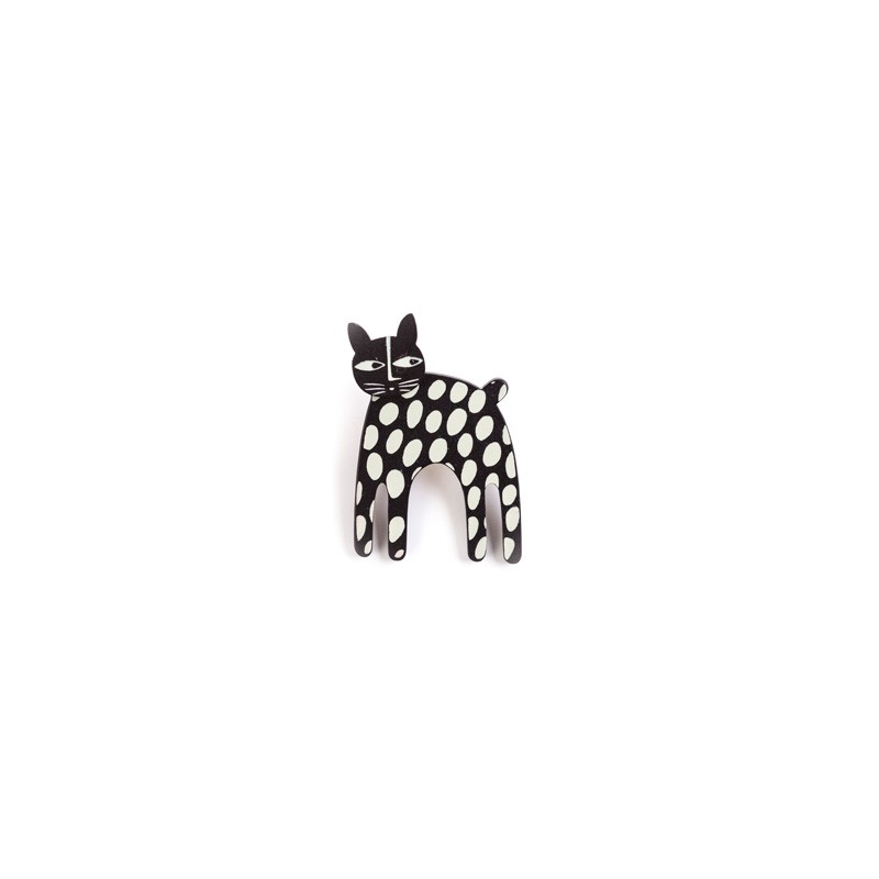 Cat, long, black w white dots, black head