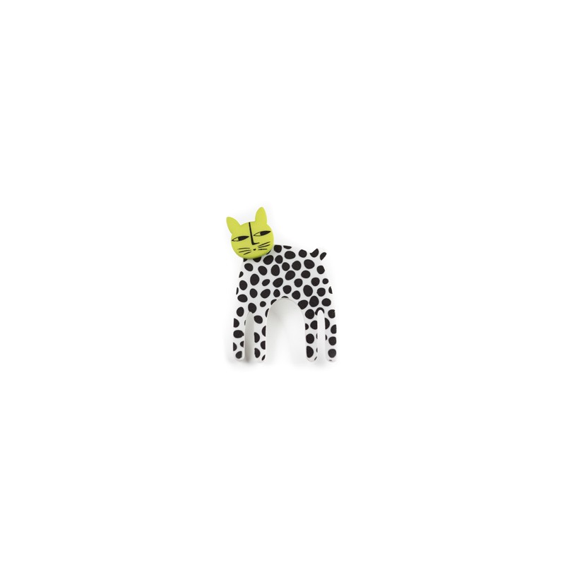 Cat, long, white w black dots, lime head