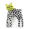 Cat, long, white w black dots, lime head