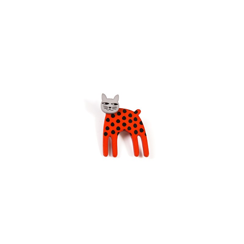 Cat, long, orange w black dots, grey head