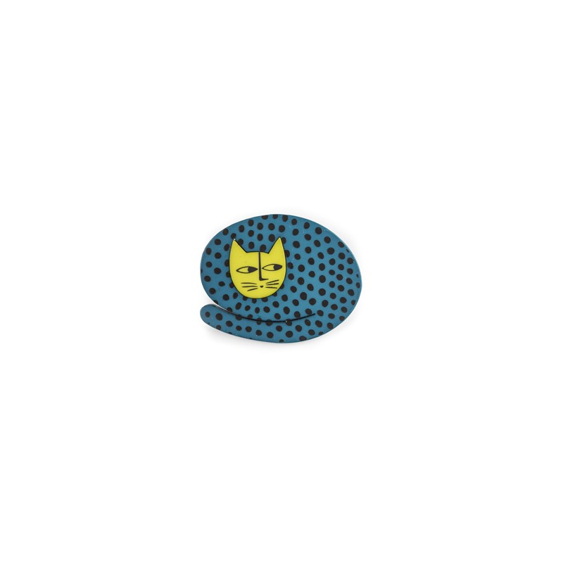 Cat, round, blue with black dots, yellow head