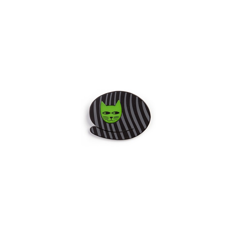 Cat, round, black with grey stripes, green head