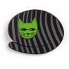 Cat, round, black with grey stripes, green head