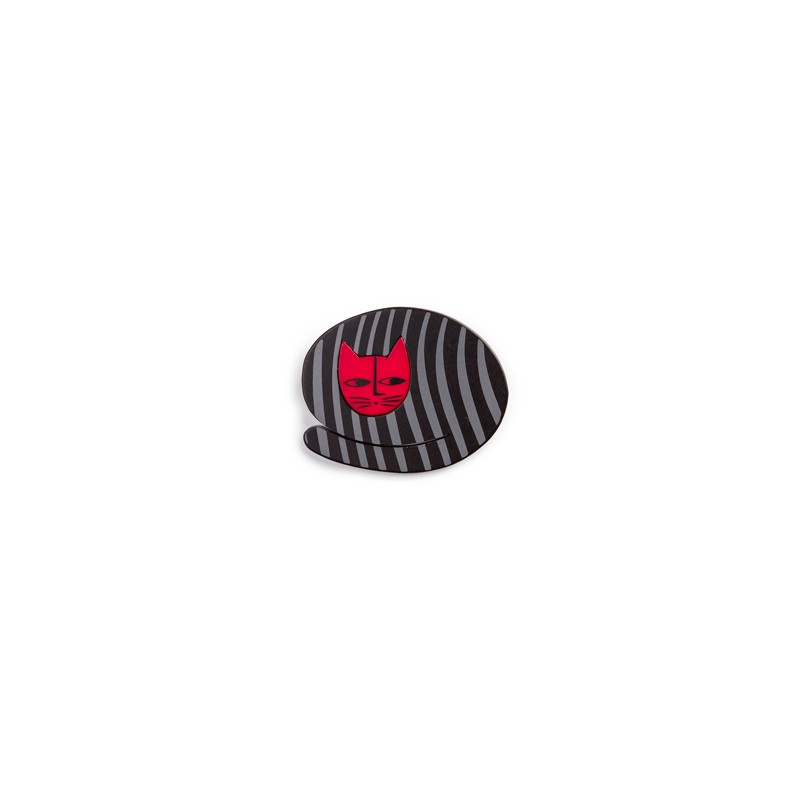 Cat, round, black with grey stripes, red head