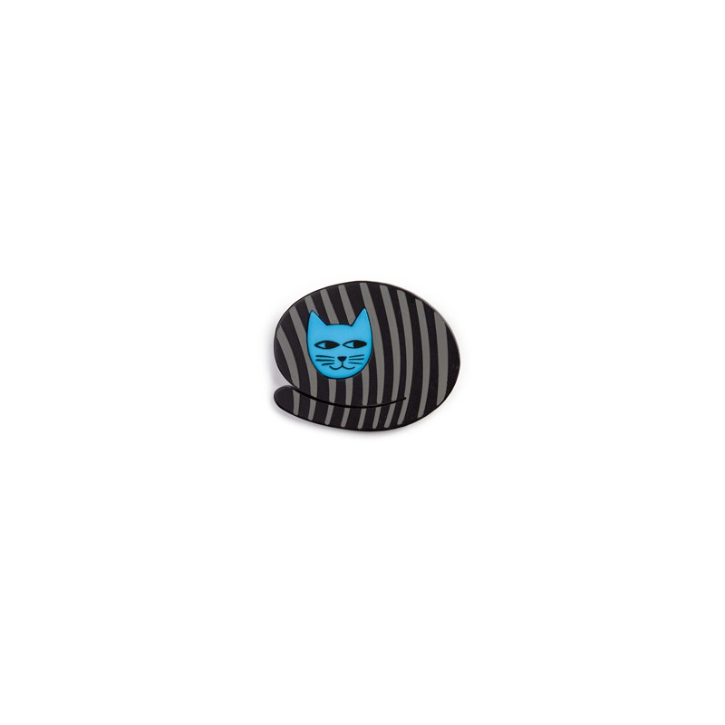 Cat, round, black with grey stripes, blue head