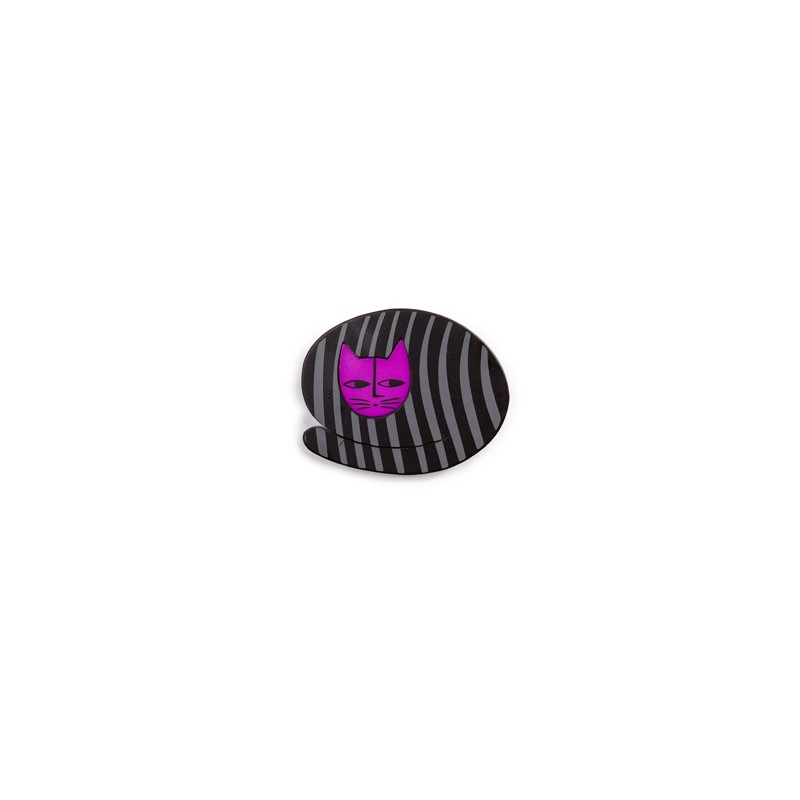 Cat, round, black with grey stripes, purple head