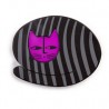 Cat, round, black with grey stripes, purple head