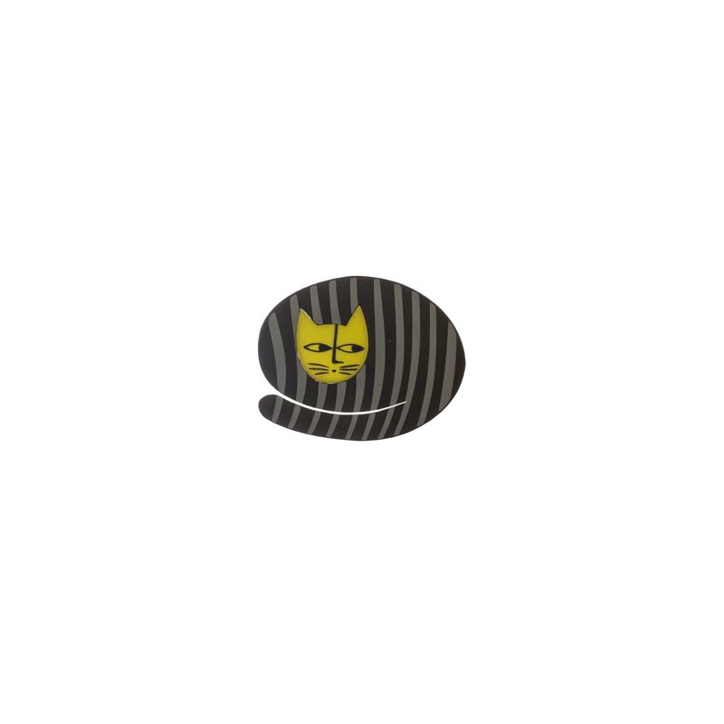 Cat, round, black with grey stripes, green head