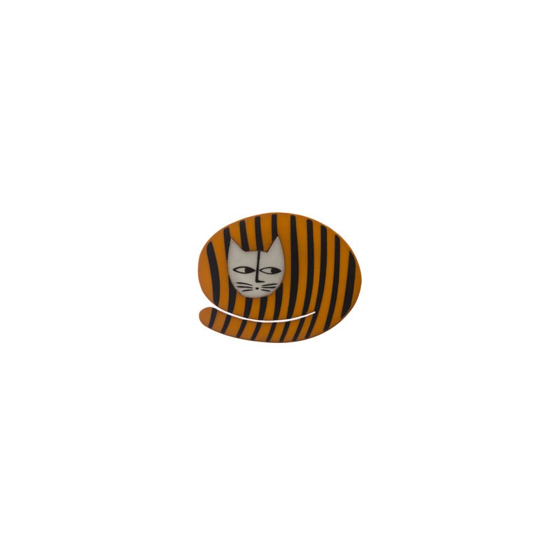 Cat, round, brown with black stripes, grey head
