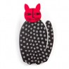 Cat, sitting, black with white dots, red head
