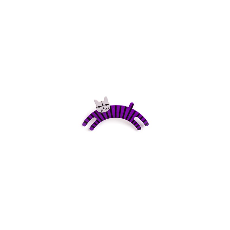 Cat, jumping, purple with black stripes, grey head