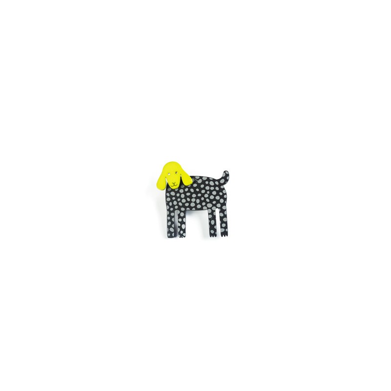 Dog, hanging ears, black w grey dots, yellow head