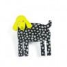 Dog, hanging ears, black w grey dots, yellow head