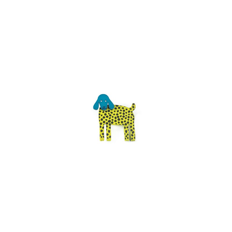 Dog, hanging ears, yellow w black dots, blue head