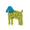 Dog, hanging ears, yellow w black dots, blue head
