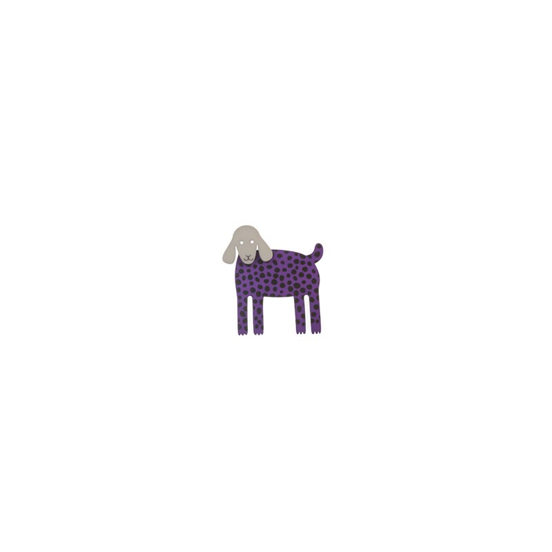 Dog, hanging ears, purple w black dots, grey head
