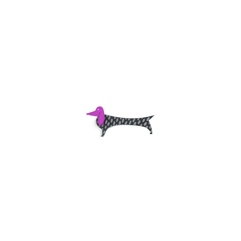 Dachshund, black with grey dots, purple head