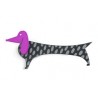 Dachshund, black with grey dots, purple head