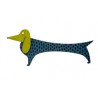 Dachshund, blue with black dots, green head