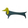 Dachshund, blue with black stripes, green head
