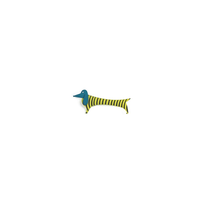Dachshund, yellow w black stripes, green head