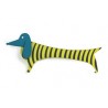 Dachshund, yellow w black stripes, green head