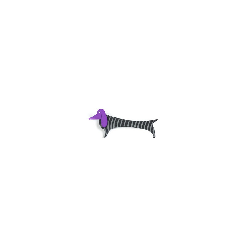 Dachshund, black with grey stripes, purple head