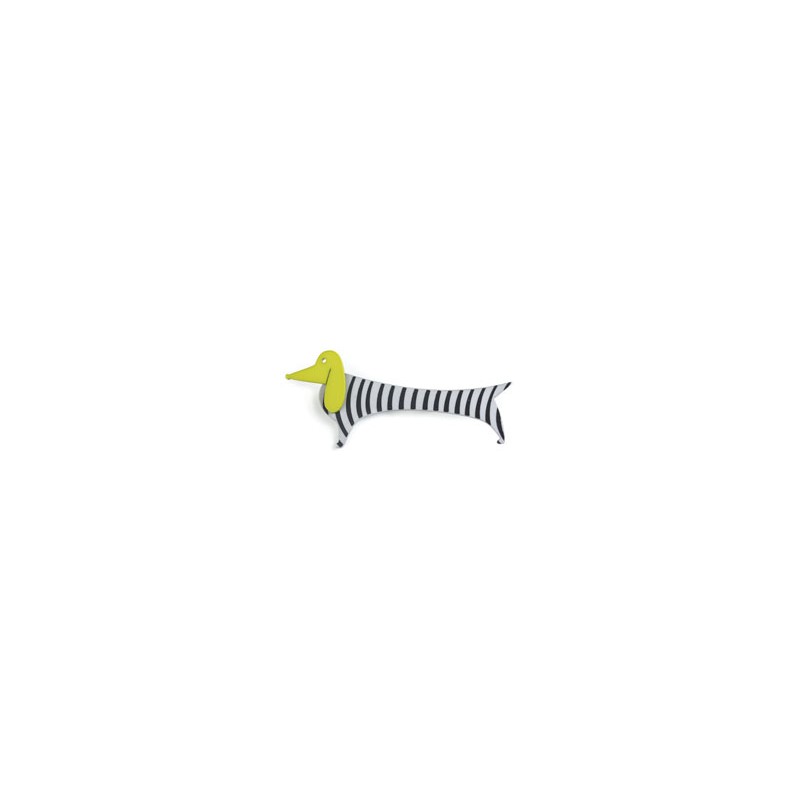 Dachshund, black with white stripes, green head