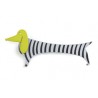 Dachshund, black with white stripes, green head