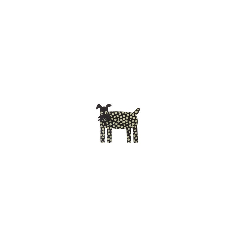Dog, short ears, black w grey dots, black head