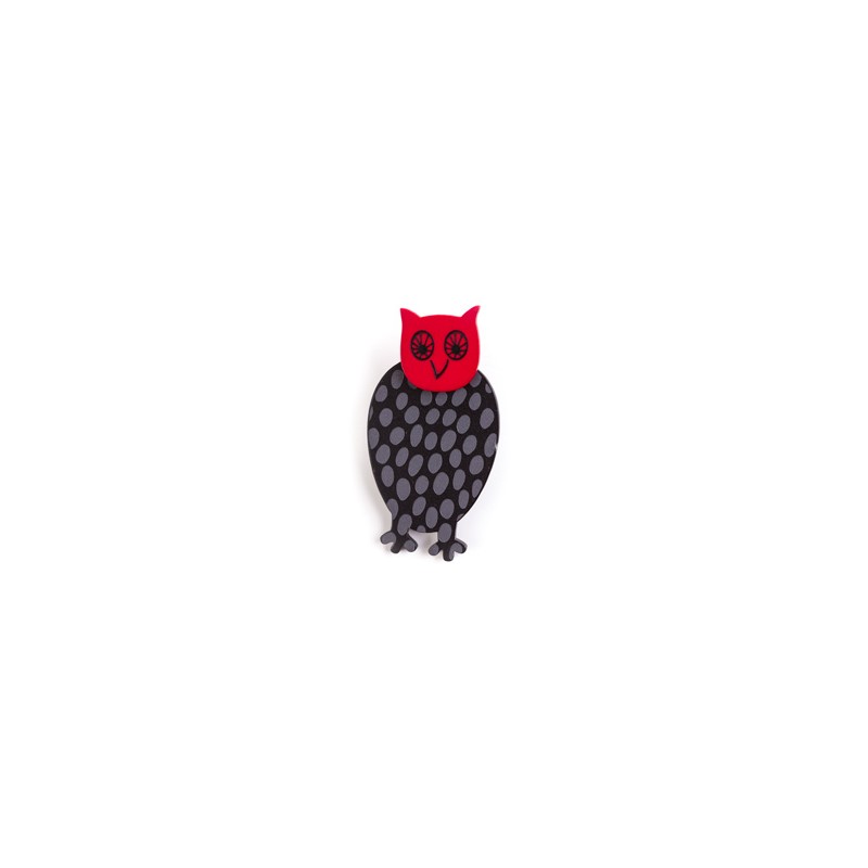 Owl, black with dots, red head