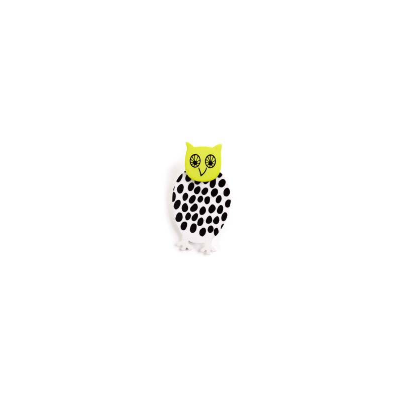 Owl, white with black dots, green head