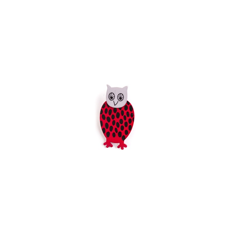 Owl, red with black dots, grey head