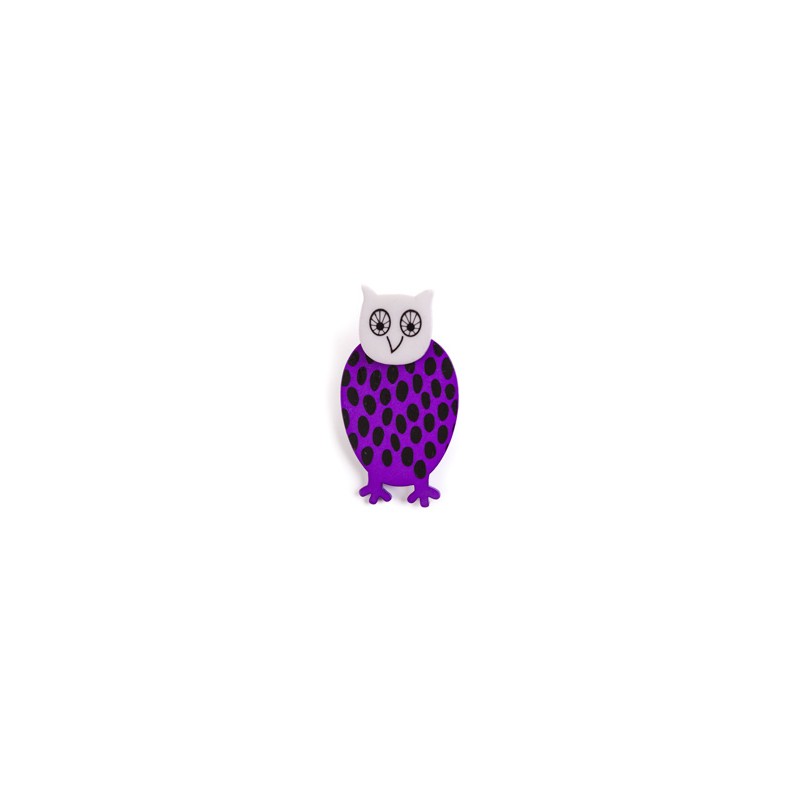Owl, purple with black dots, grey head