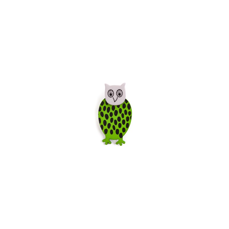 Owl, green with black dots, grey head
