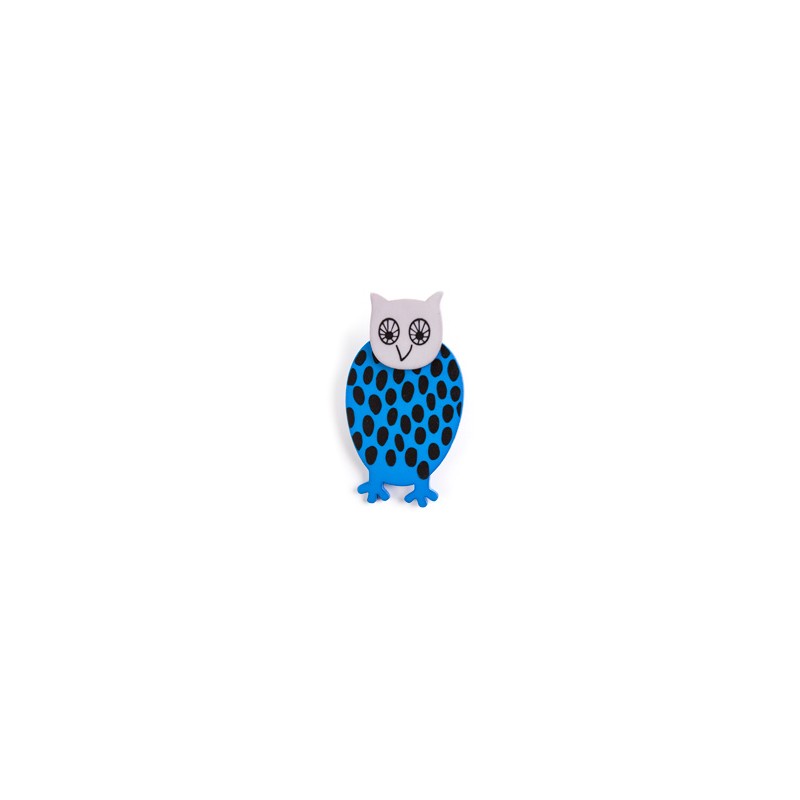 Owl, blue with black dots, grey head